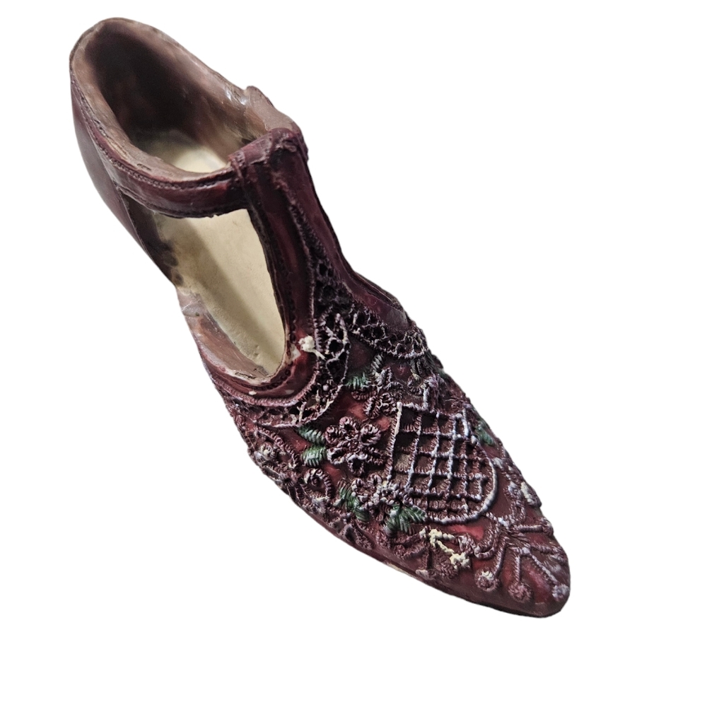 Miniature Shoe Figurine Brown Lace Pattern Heel Hand Painted